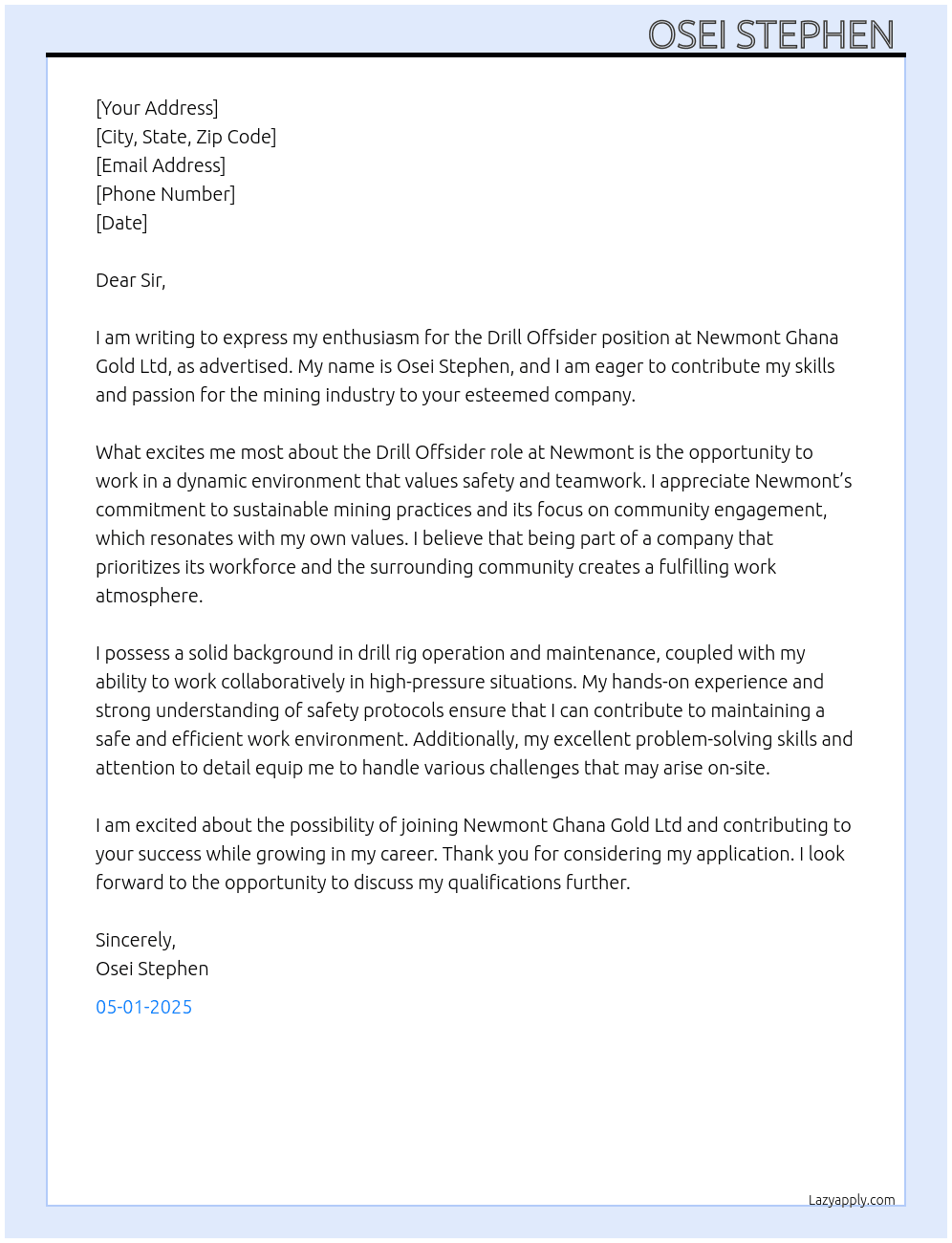 Cover letter for drill offsider - LazyApply