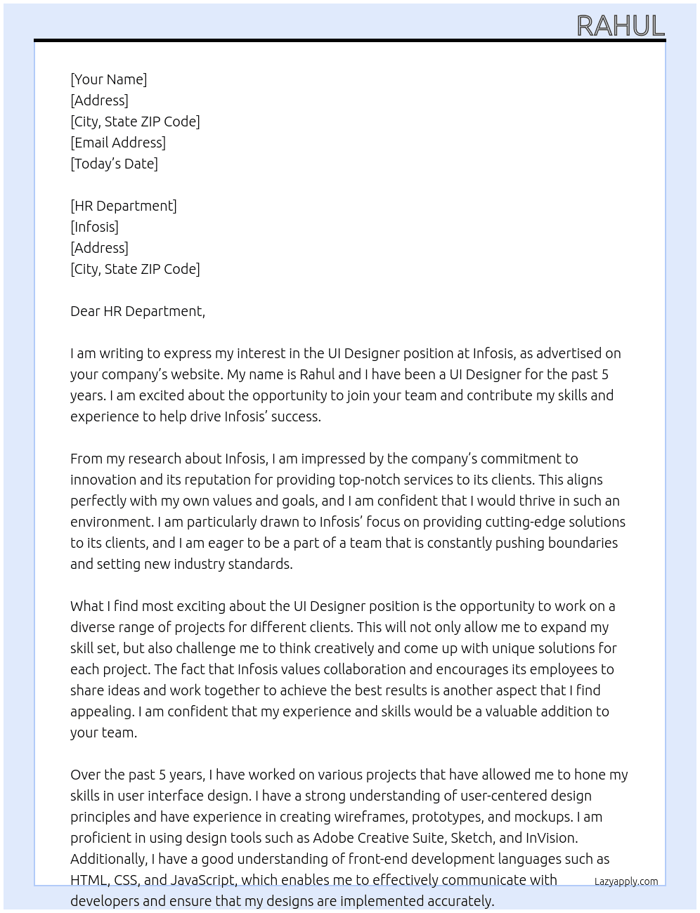 ui sesigner At infosis Cover Letter