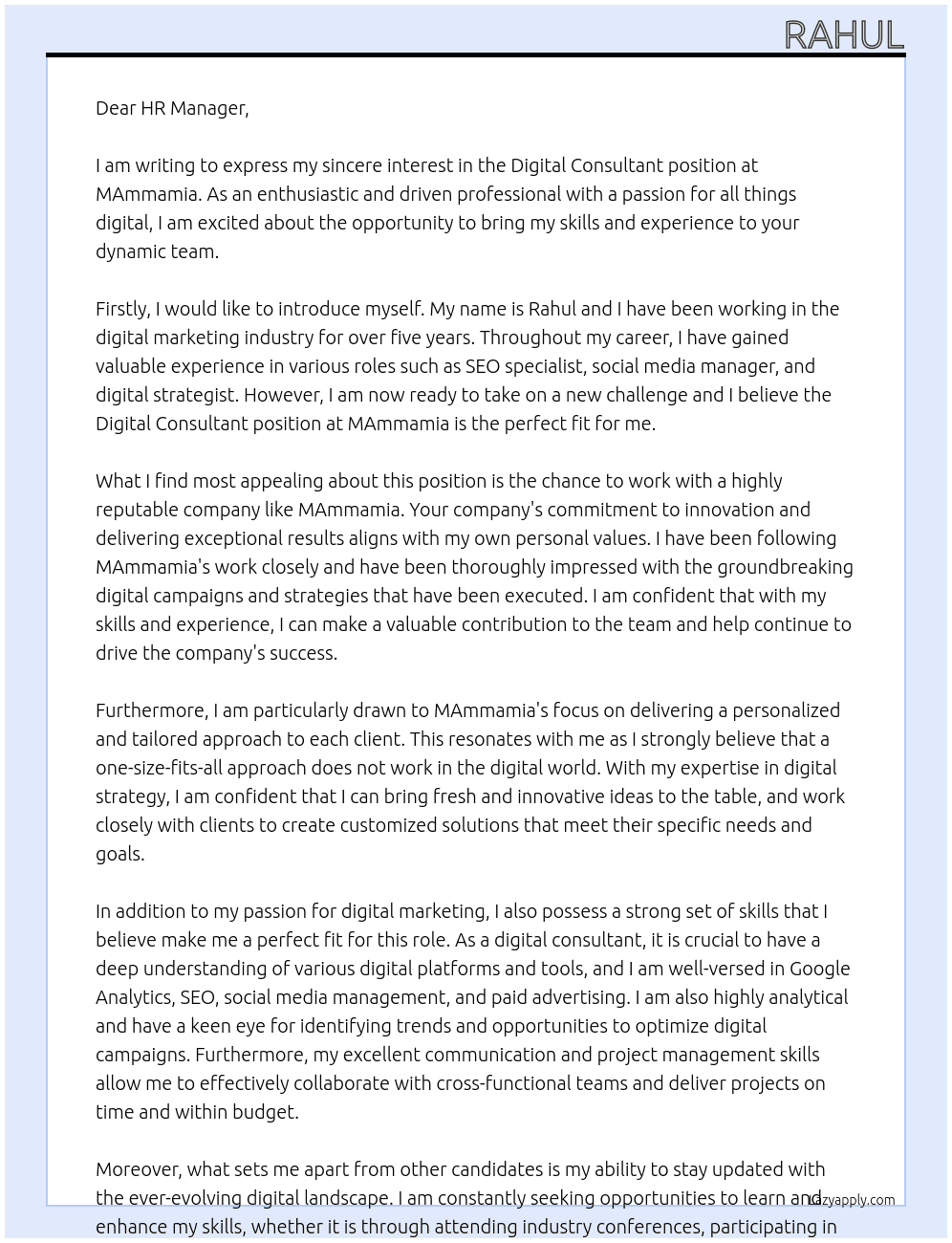 Digital Consultant At MAmmamia Cover Letter