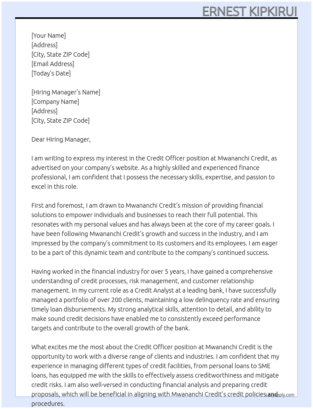credit Officer At Mwananchi Credit Cover Letter