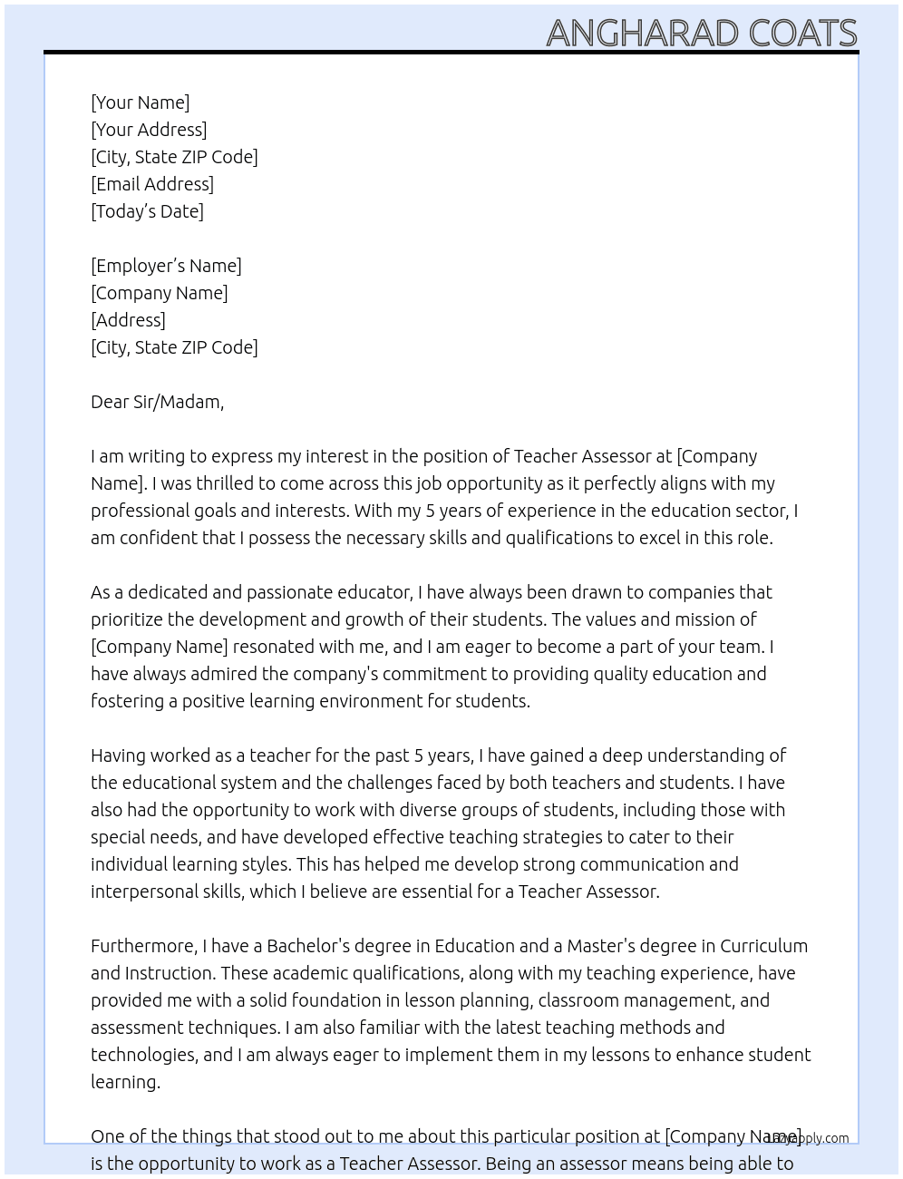 Cover letter for teacher assessor - LazyApply