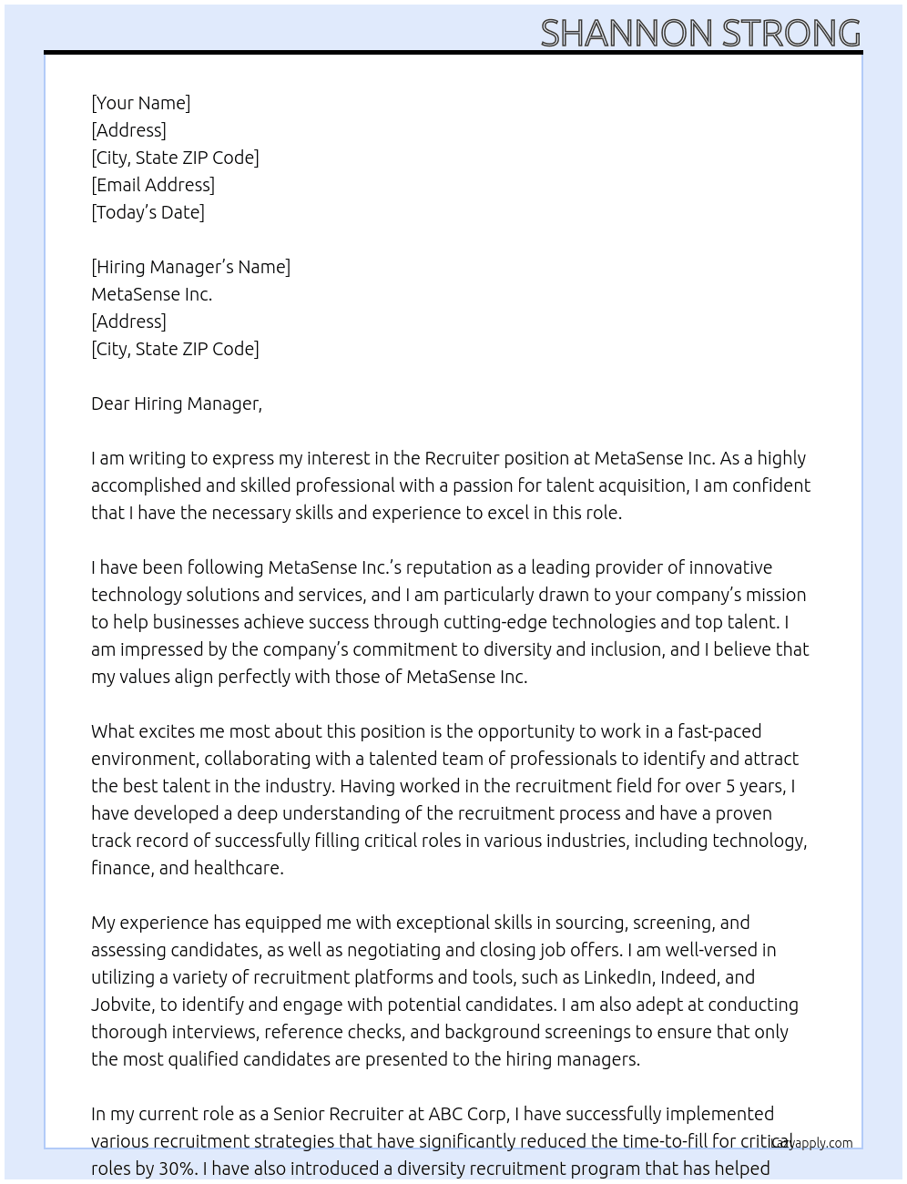 receuiter At MetaSense Inc - Cover Letter