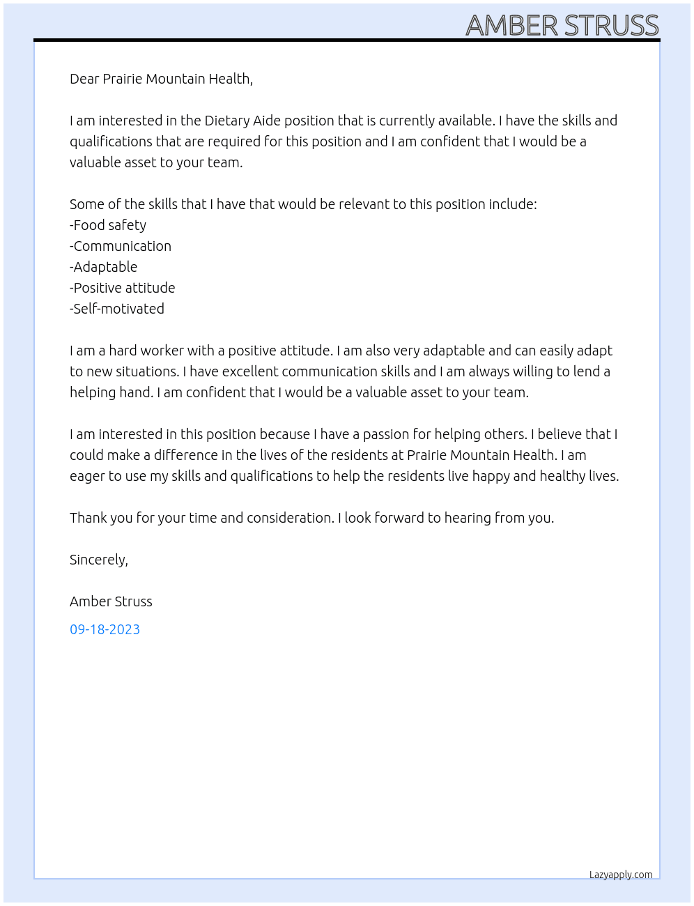 Dietary aide  At Prairie mountain healtg Cover Letter