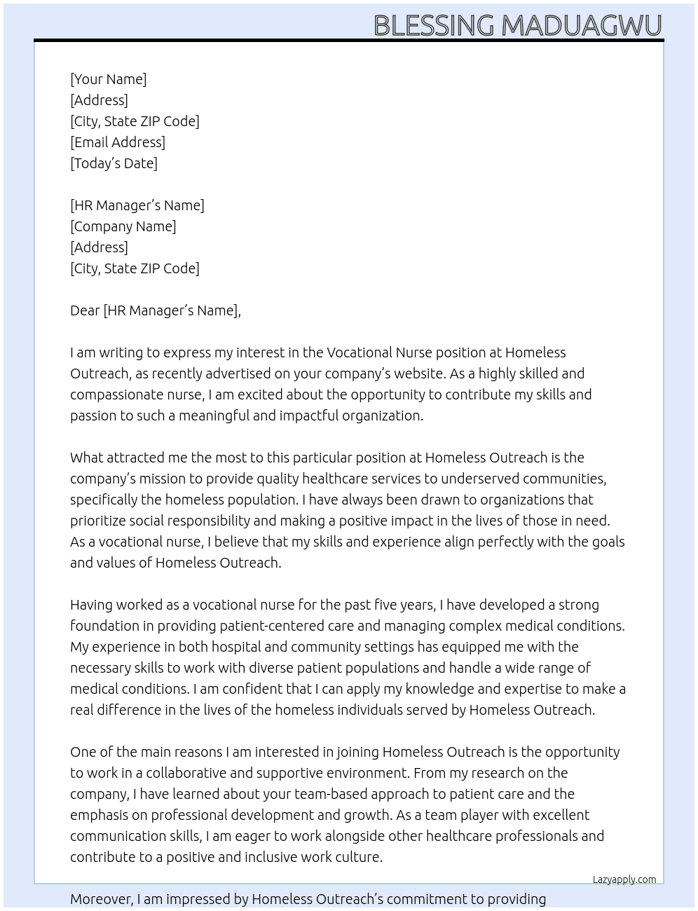 Vocational nurse At Homeless Outreach Cover Letter