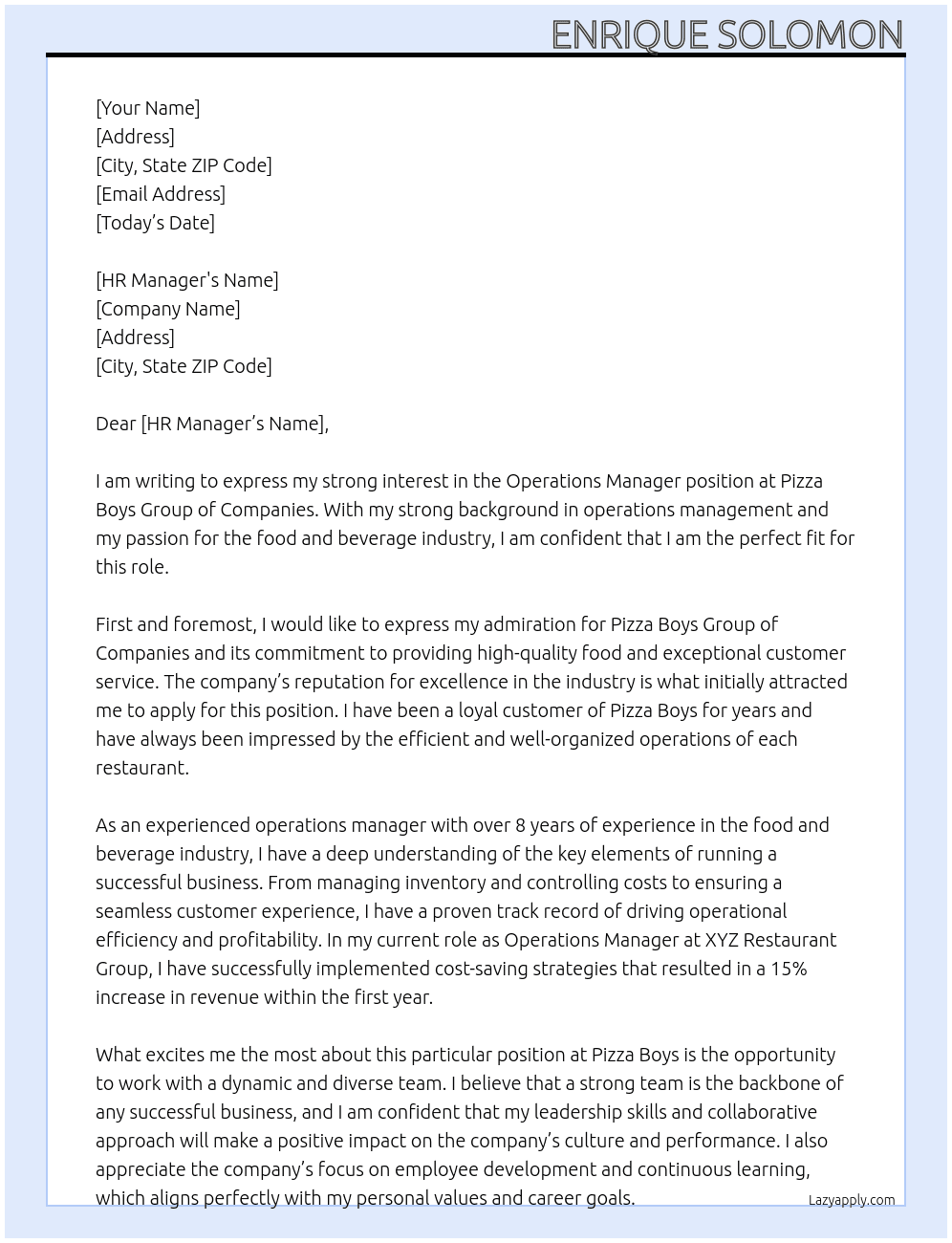 Operations Manager At PIzza Boys Group of Companies Cover Letter