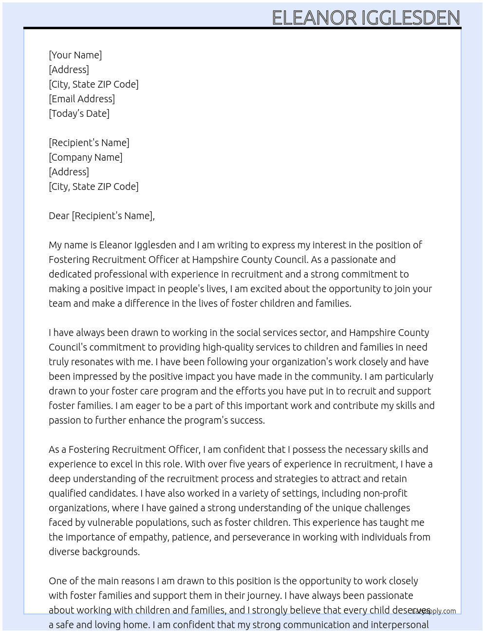 Fostering recruitment officer  At Hampshire county council  Cover Letter