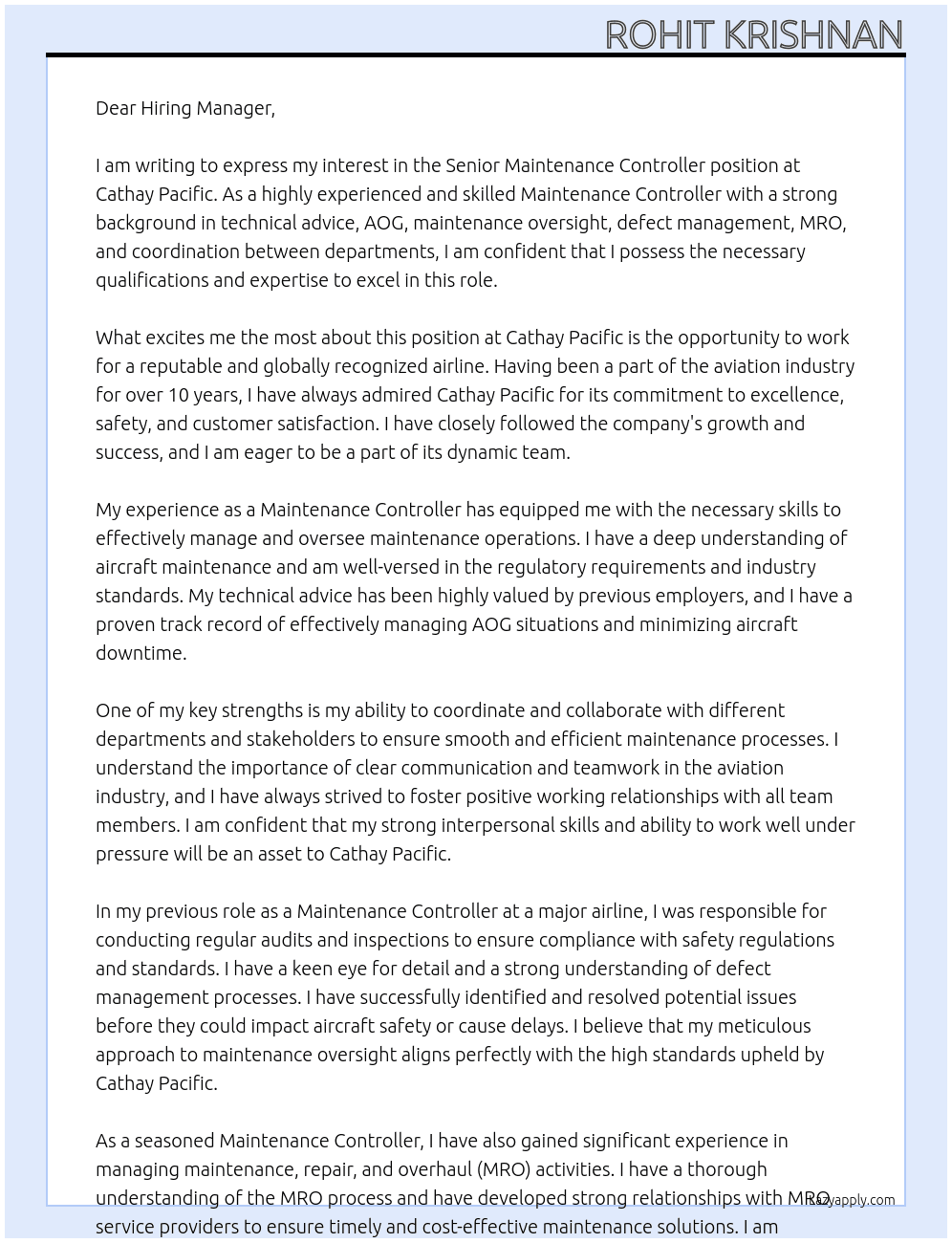 Senior Maintenance Controller At Cathay Pacafic Cover Letter
