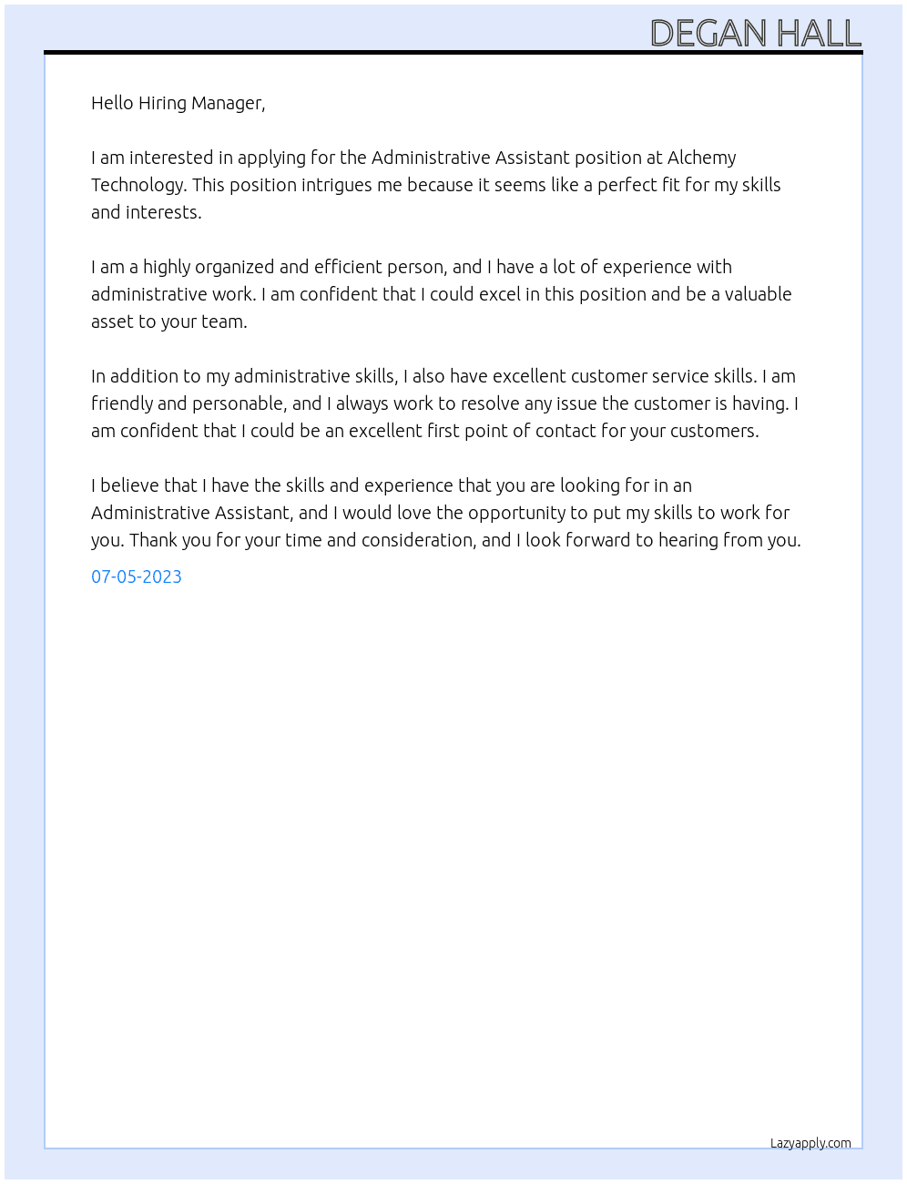 Administrative Assistant  At Alchemy Technology Cover Letter