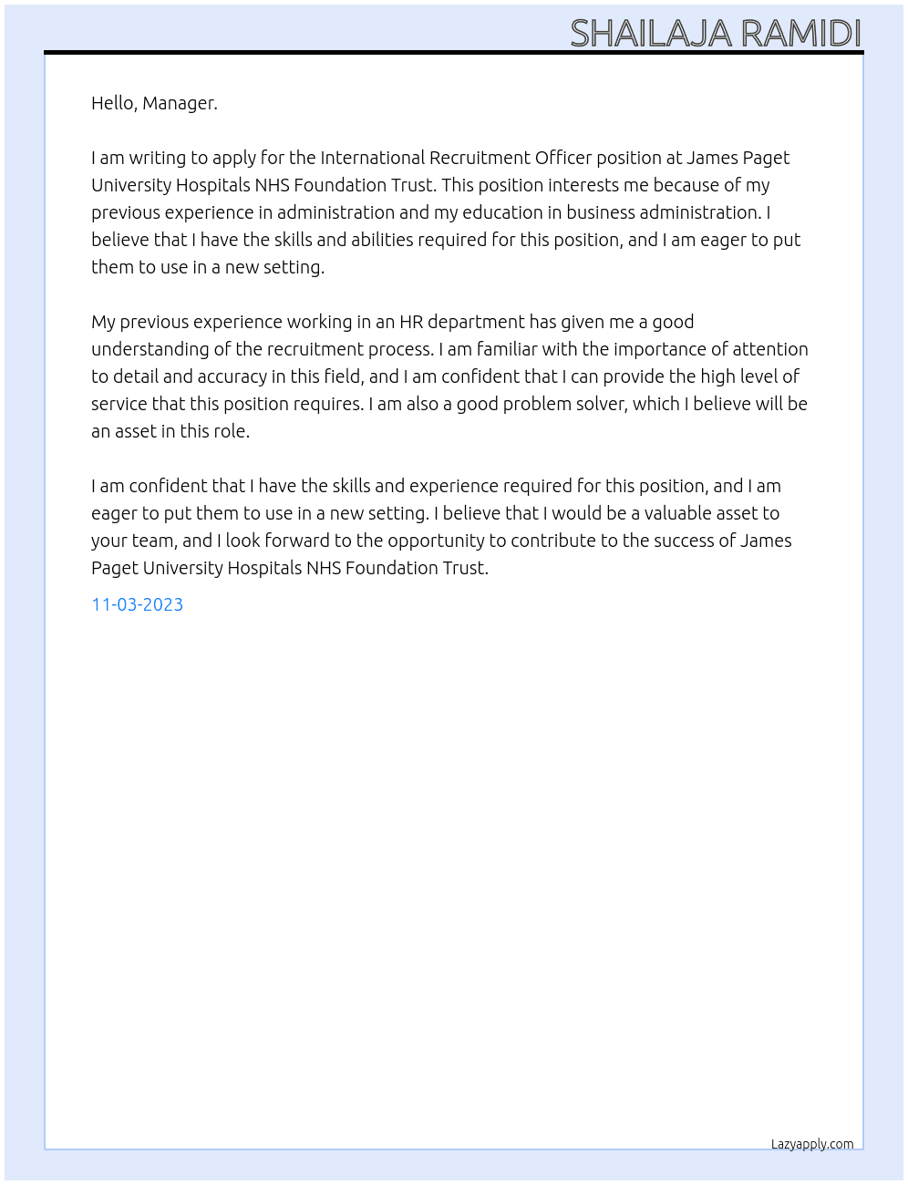 International Recruitment Officer At James Paget University Hospitals NHS Foundation Trust Cover Letter