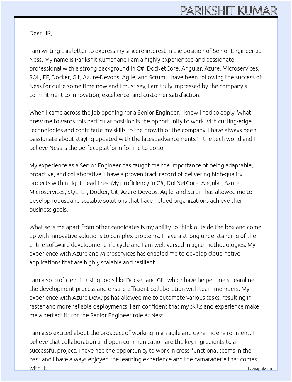Senior Engineer At Ness Cover Letter