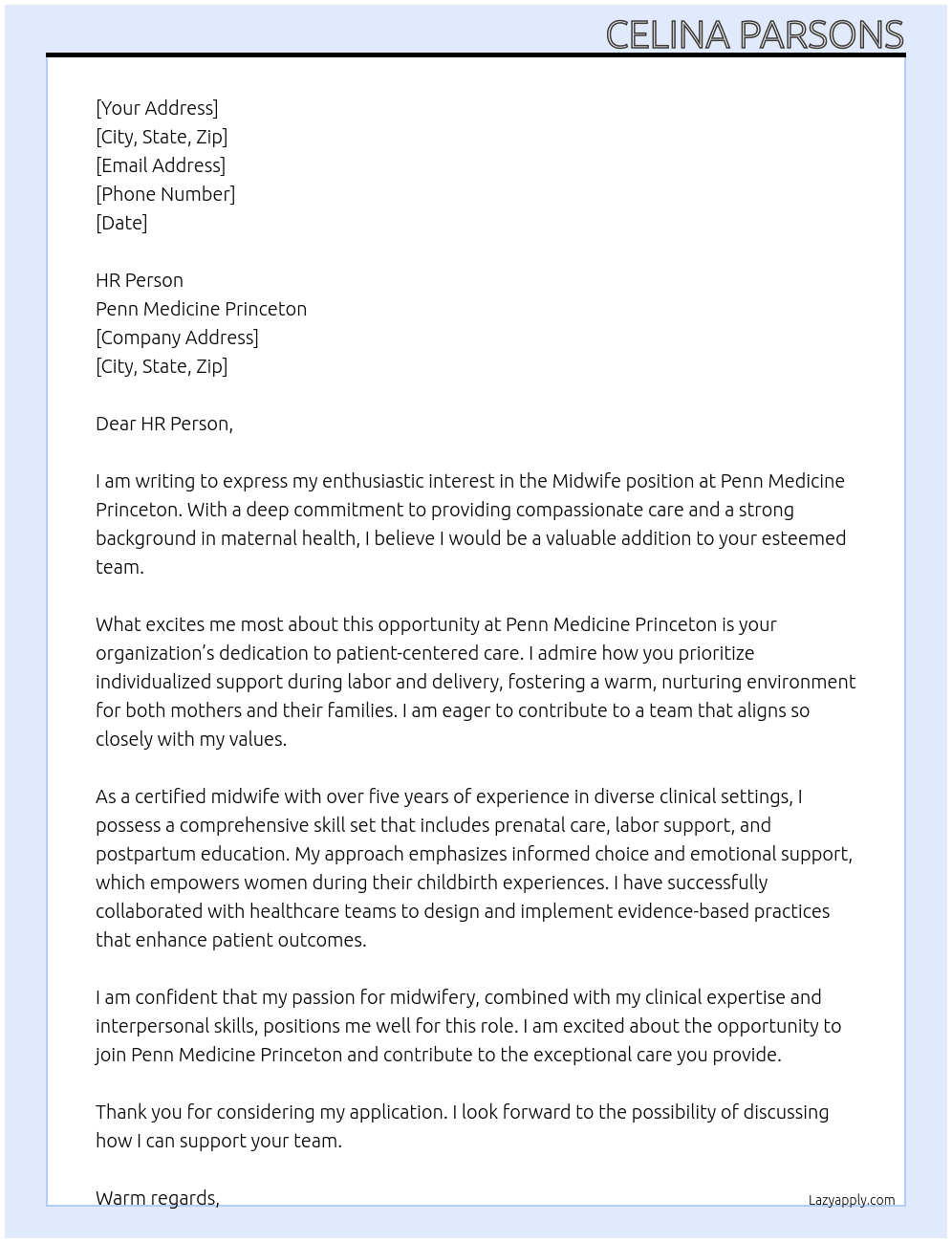 Midwife At Penn Medicine Princeton Cover Letter