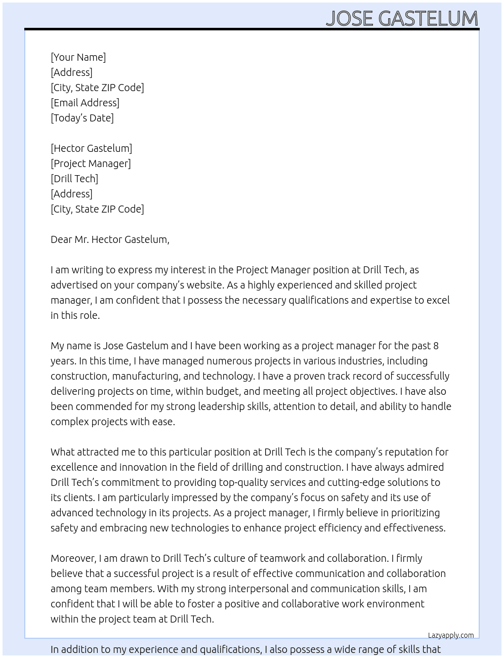 project manager At drill tech Cover Letter