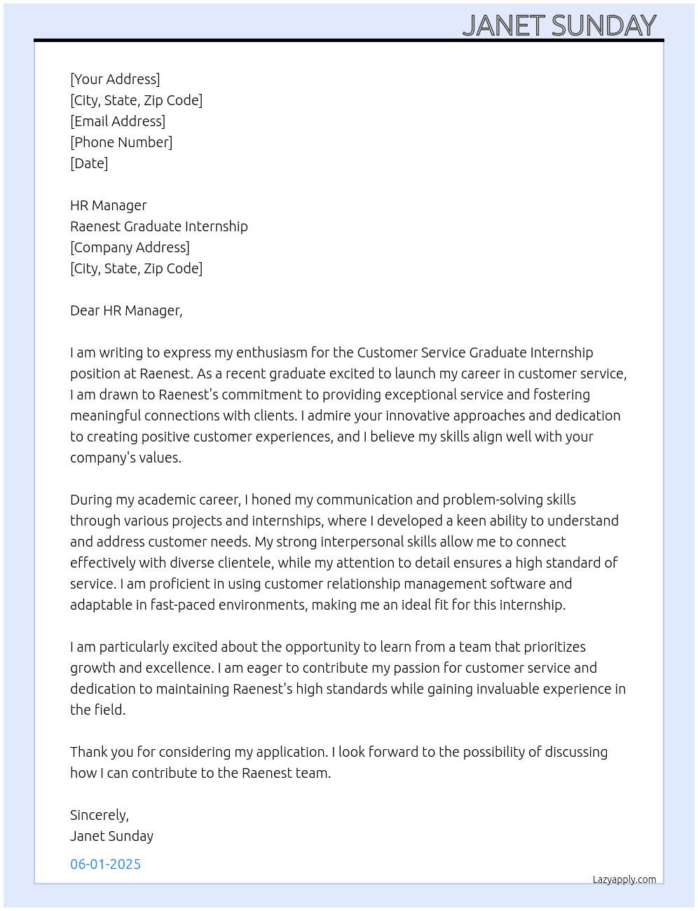 Customer Service graduate Internship  At Raenest Graduate Internship  Cover Letter