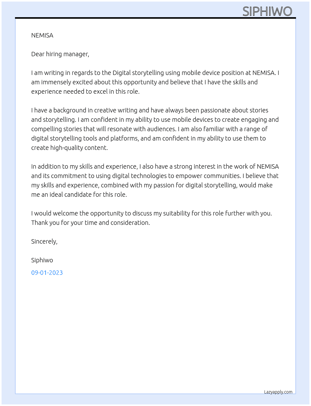 Digital storytelling using mobile device  At NEMISA Cover Letter