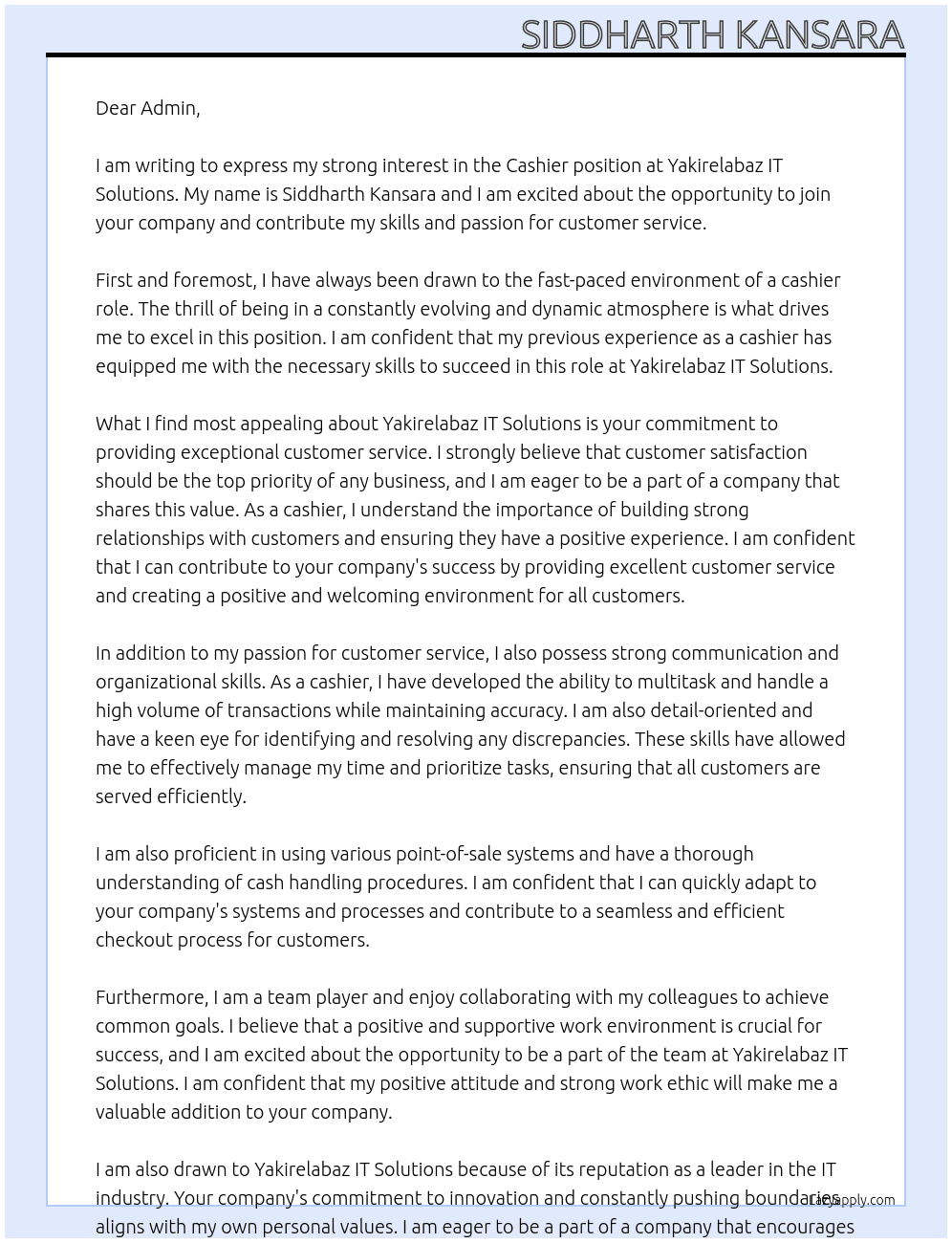 Cashier At Yakirelabaz IT solutions Cover Letter