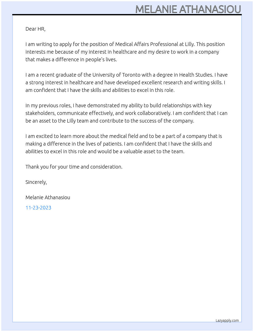 Medical Affairs Professional At Lilly Cover Letter