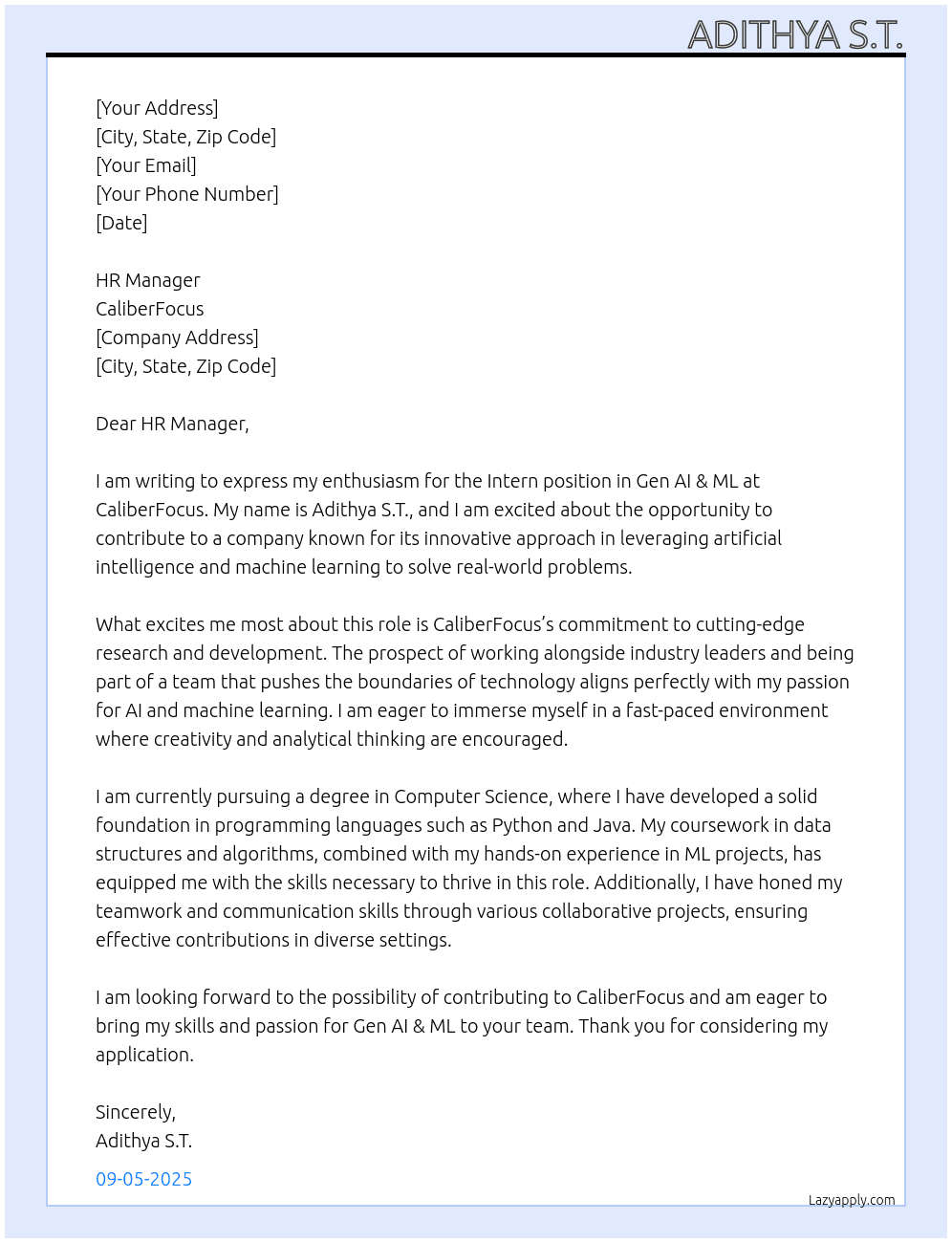 Interns – Gen AI & ML At CaliberFocus Cover Letter