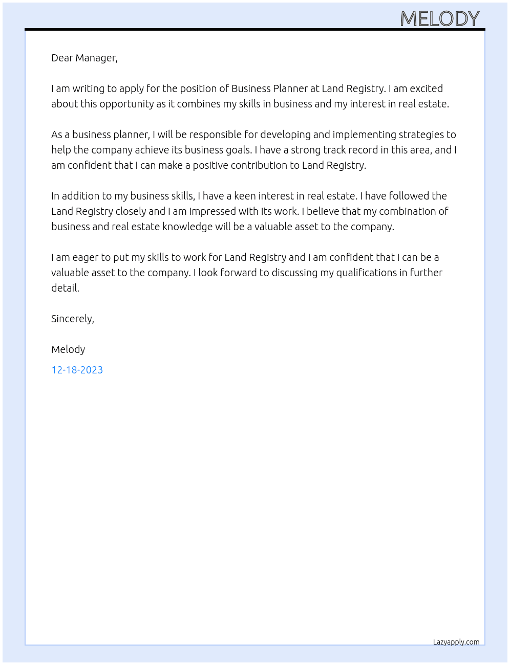 Business planner  At Land registry  Cover Letter