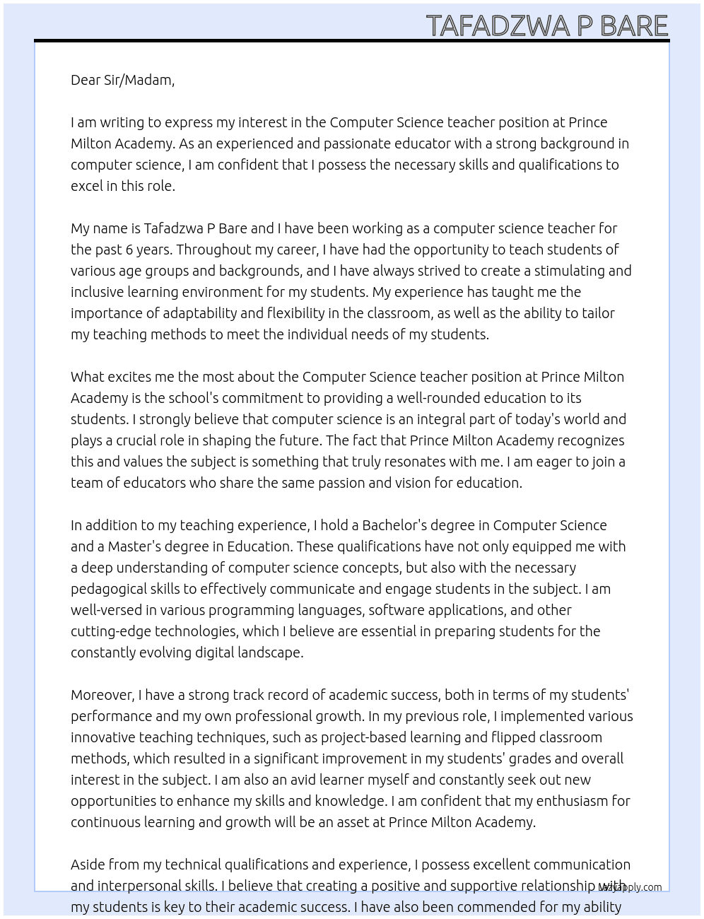 Computer Science teacher At Prince Milton academy  Cover Letter