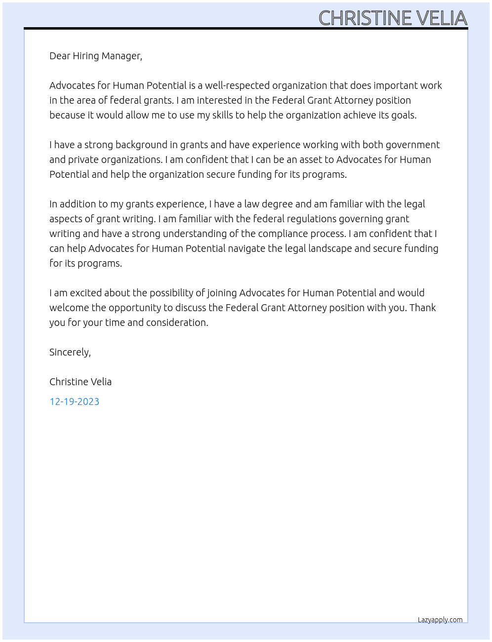 Federal Grant Attorney At Advocates for Human Potential Cover Letter