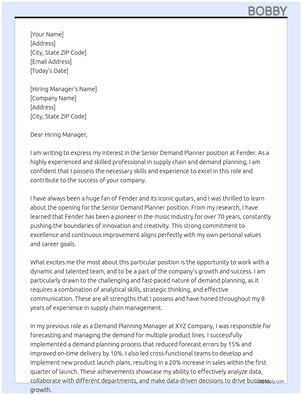 Senior Demand Planner At Fender Cover Letter