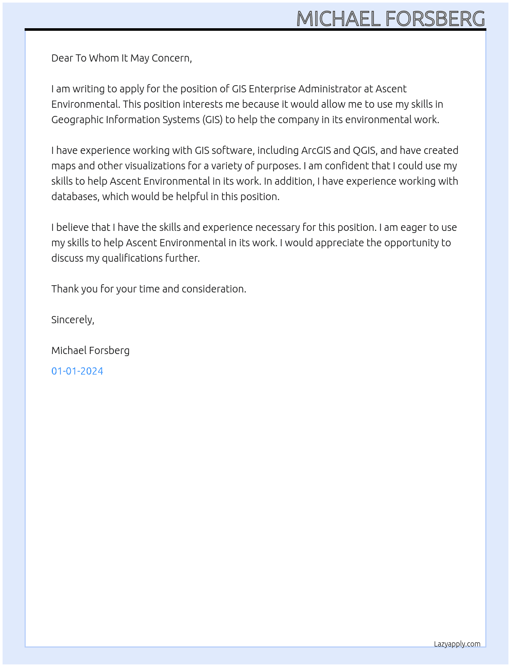 GIS Enterprise Administrator  At Ascent Environmental Cover Letter