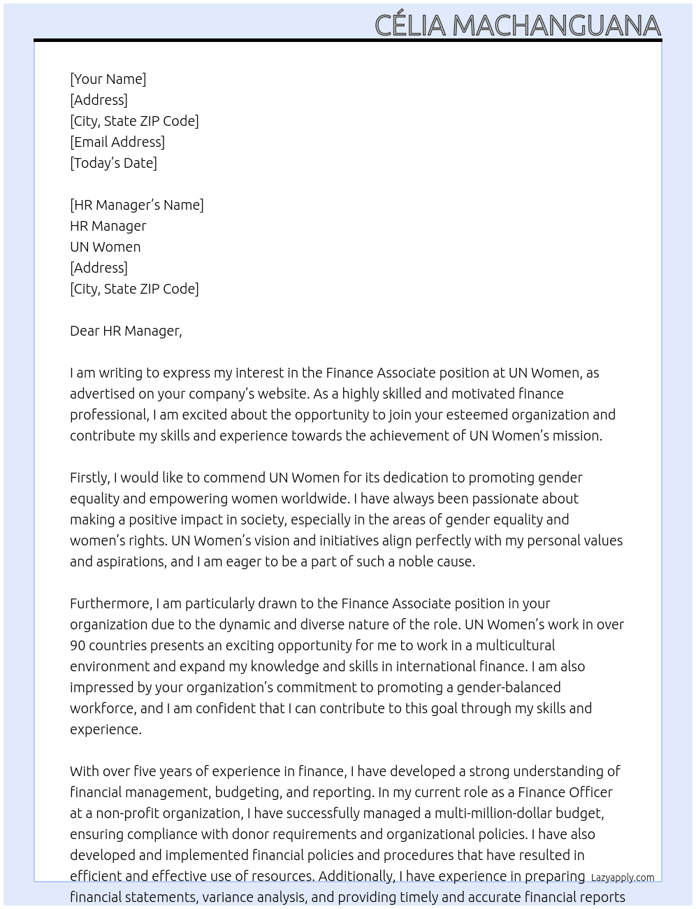Finance Associate At UN Women Cover Letter