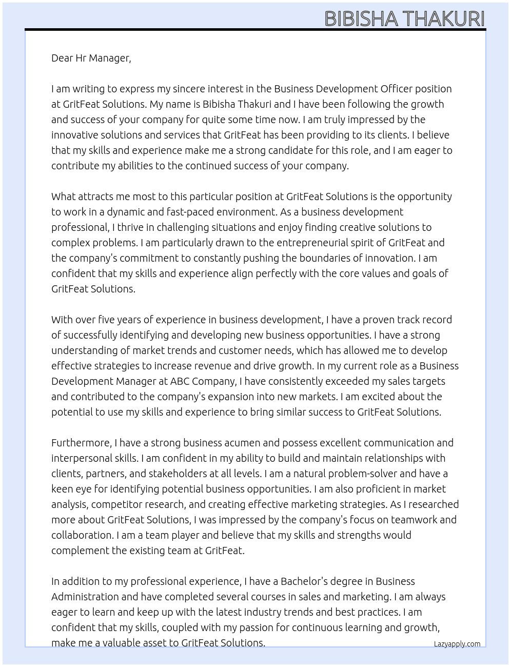 Business Development officer At GritFeat Solutions Cover Letter