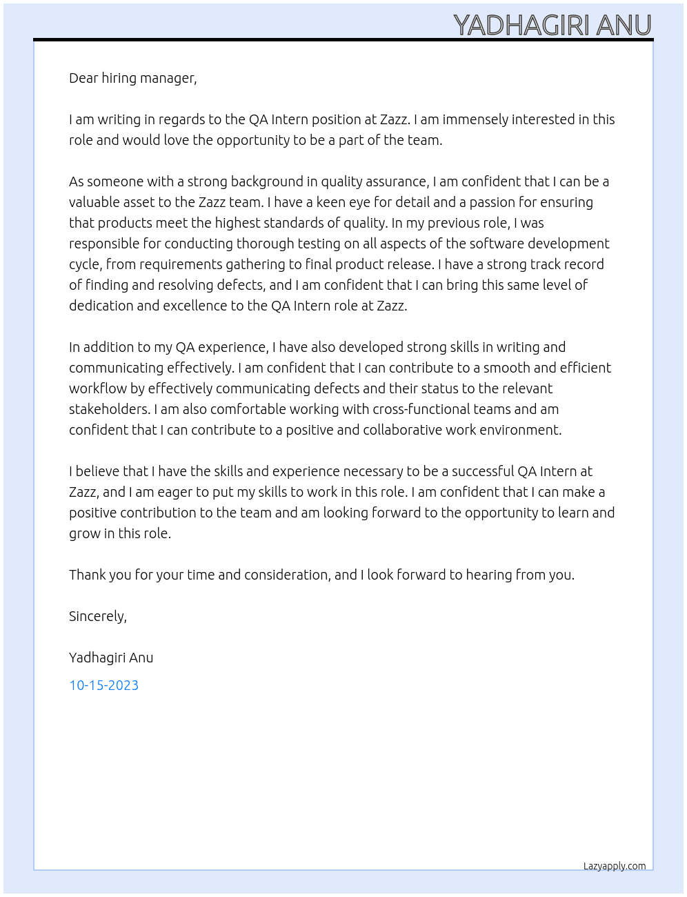 QA Intern  At Zazz Cover Letter