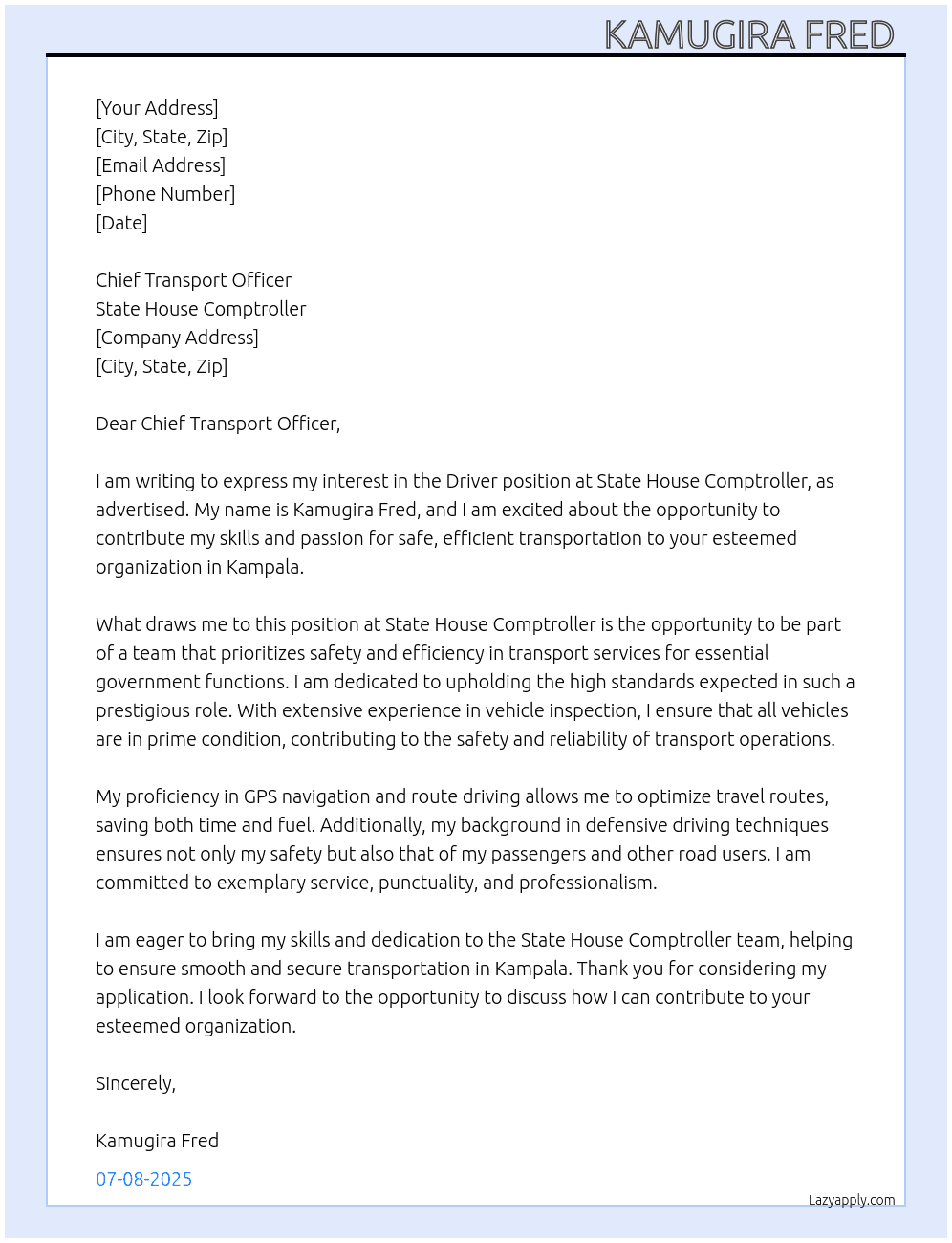 Driver  At State House Comptroller  Cover Letter