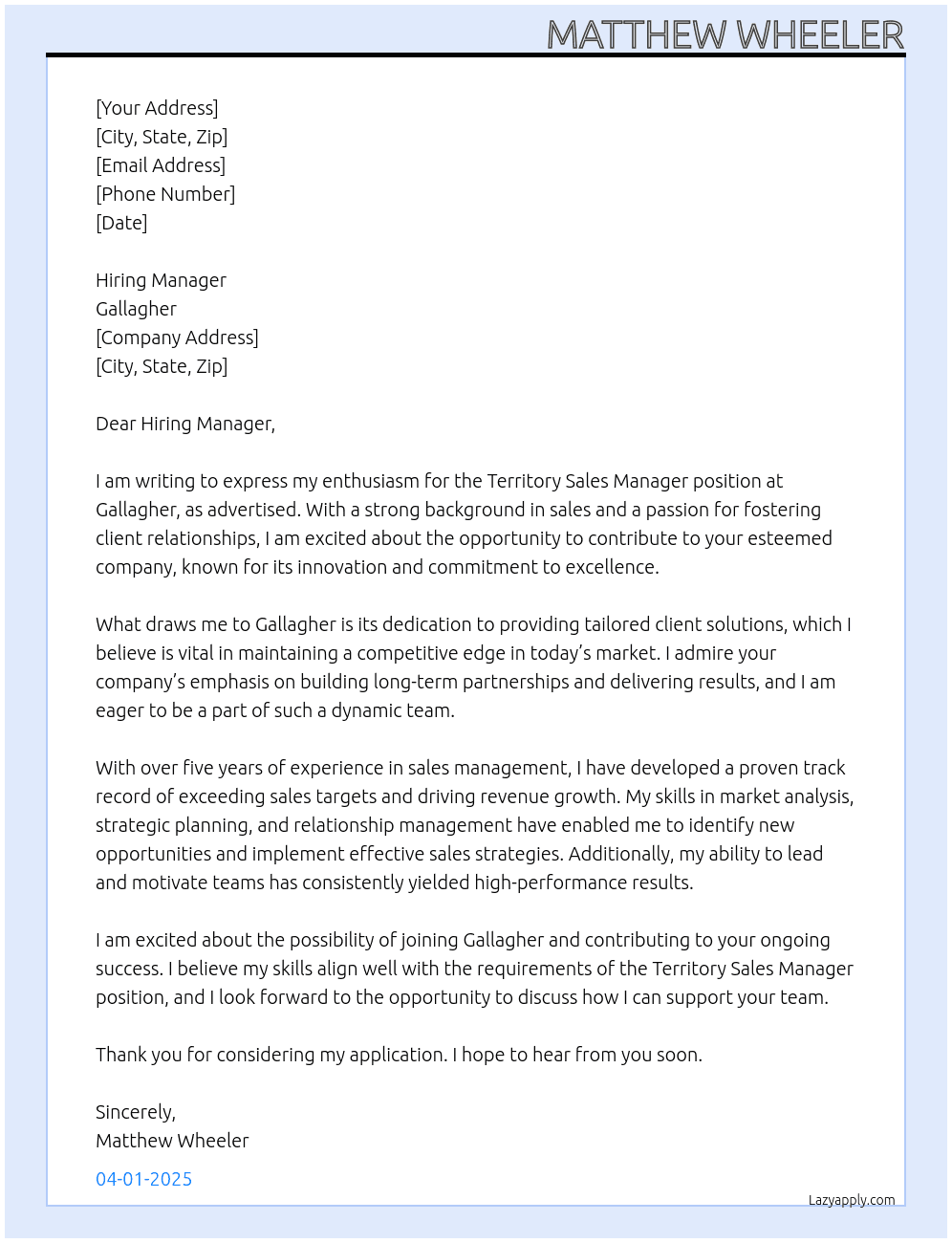 territory sales manager At gallagher Cover Letter