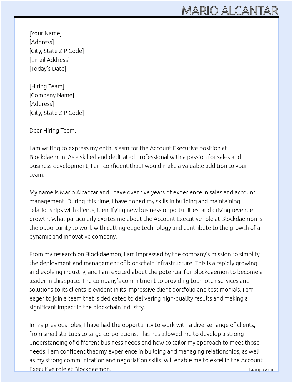 Account Executive At Blockdaemon Cover Letter