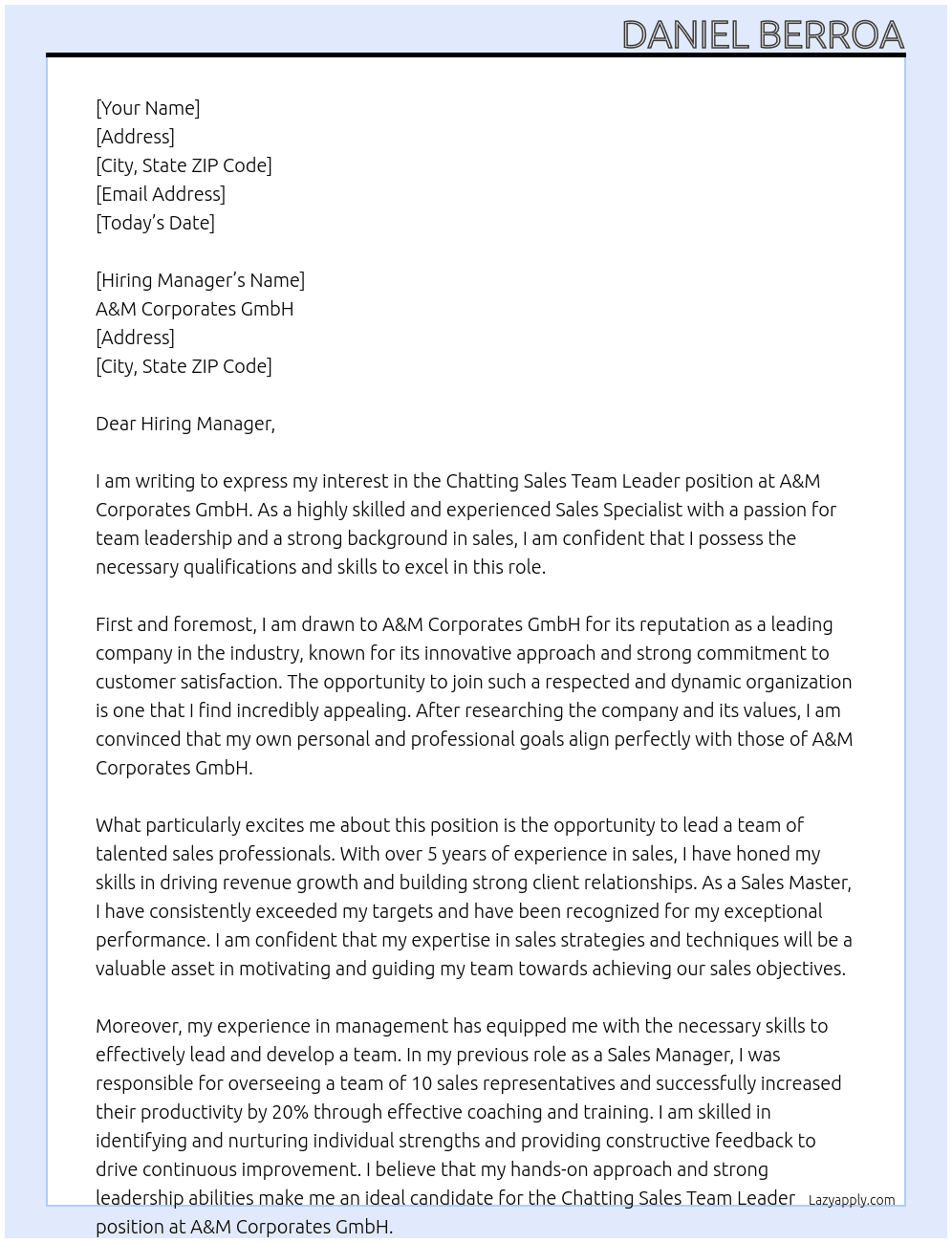 Chatting Sales Team Leader At A&M Corporates GmbH Cover Letter