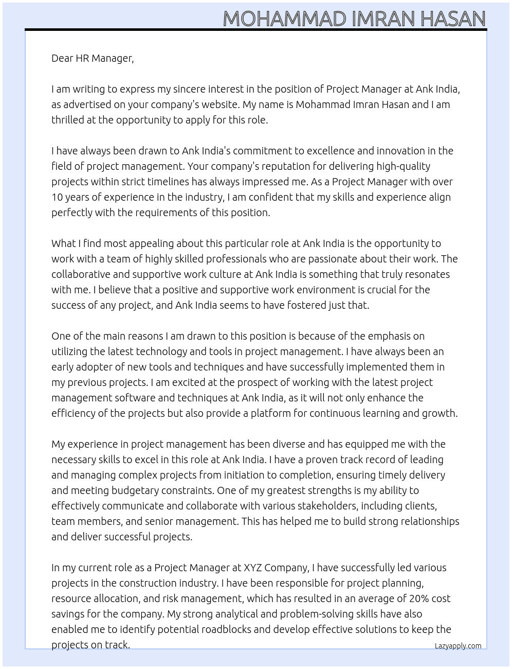 Project Manager At Ank ndia Cover Letter