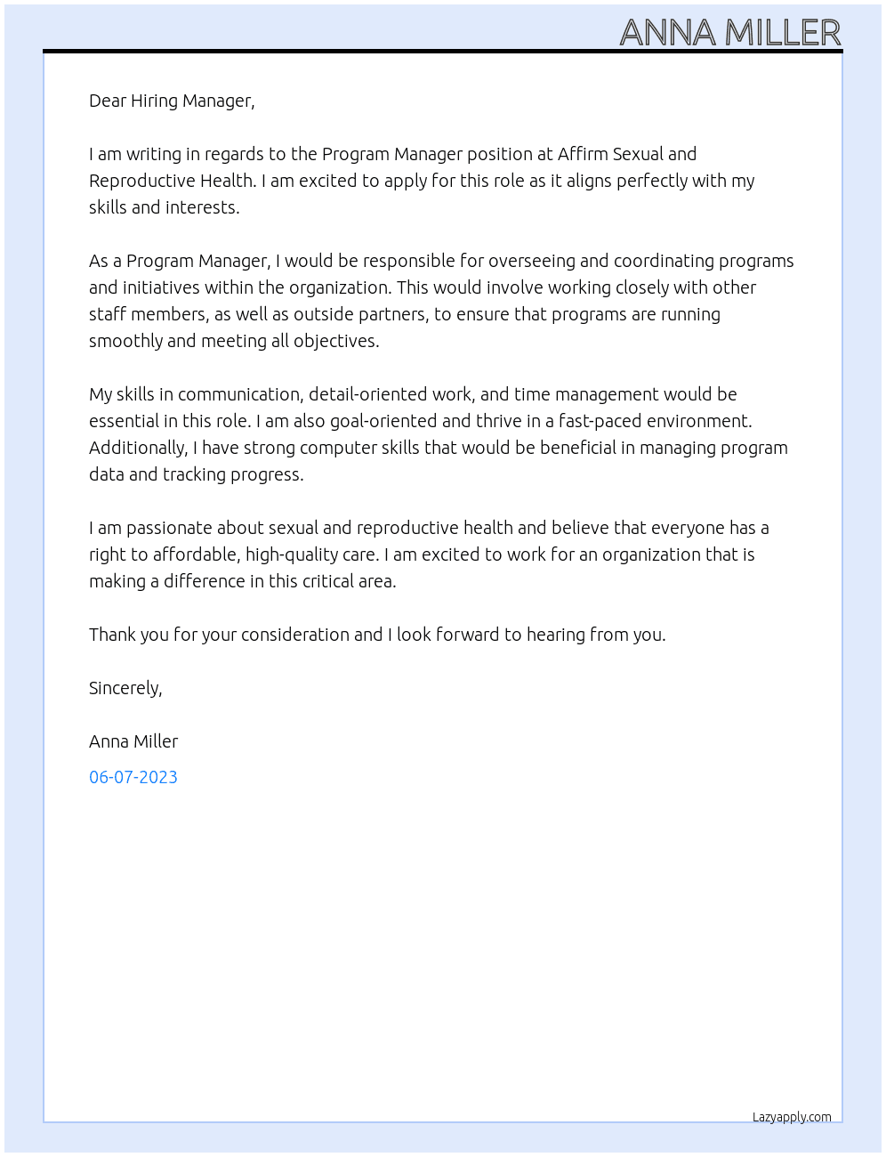 Program Manager At Affirm Sexual and Reproductive Health Cover Letter