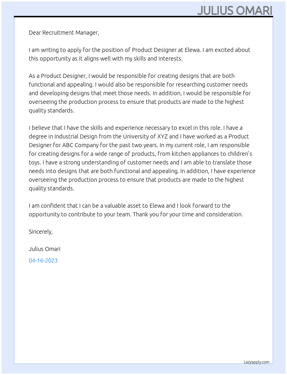 product designer At Elewa Cover Letter