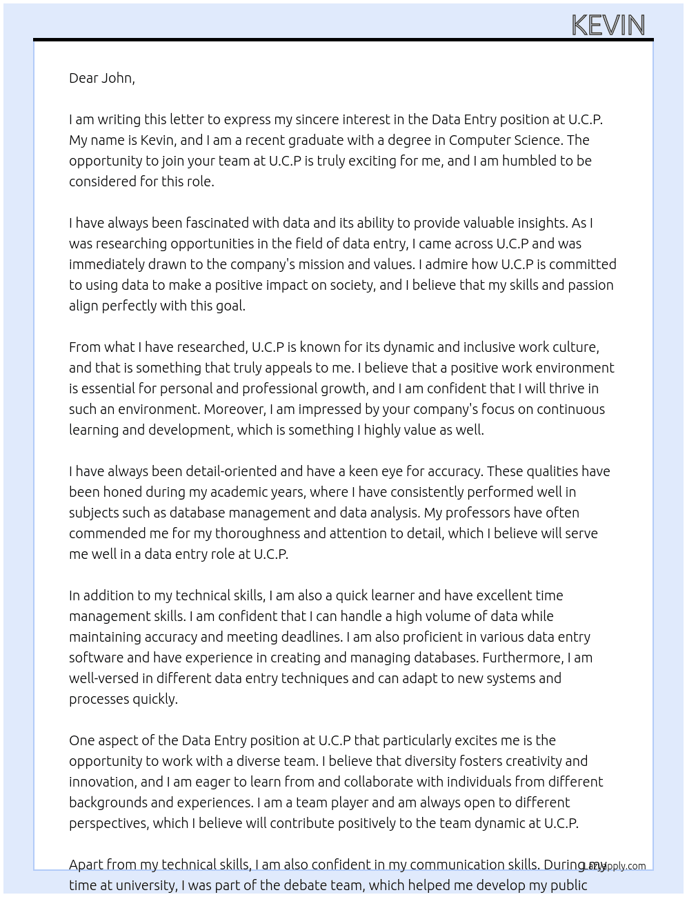Data Entry At U.C.P Cover Letter