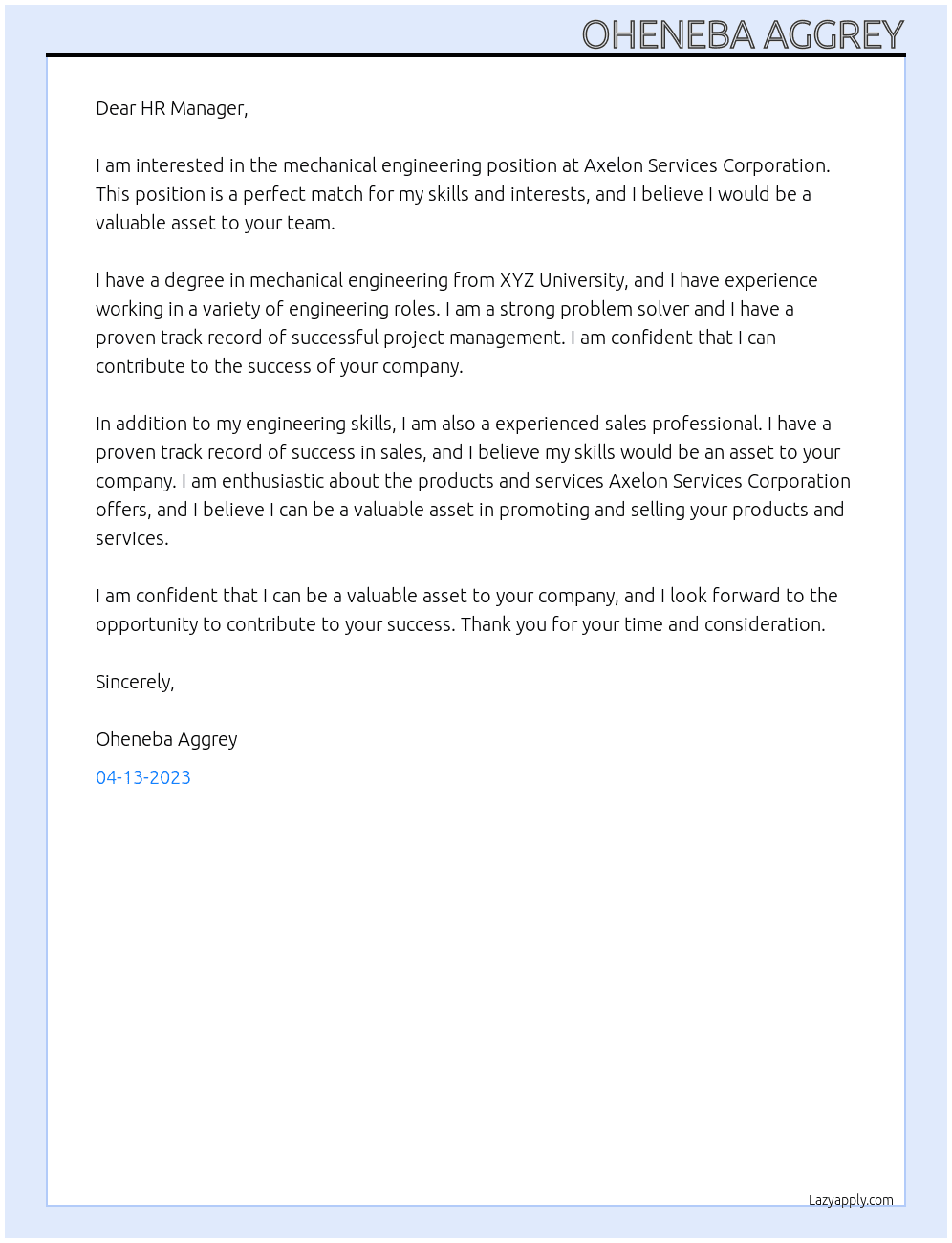 Mechanical Engineer At Axelon Services Cooperation Cover Letter