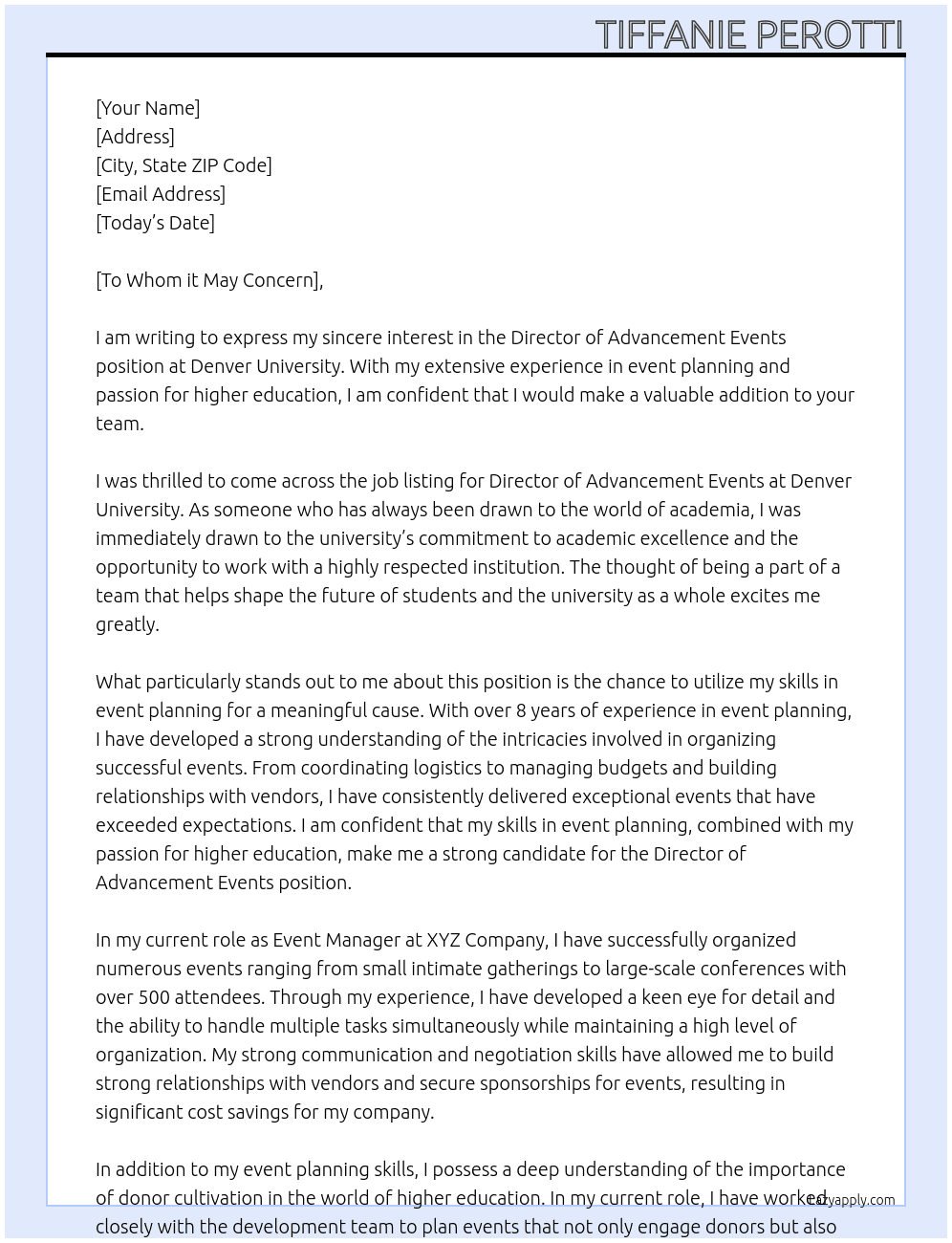Director of Advancement Events At Denver University Cover Letter