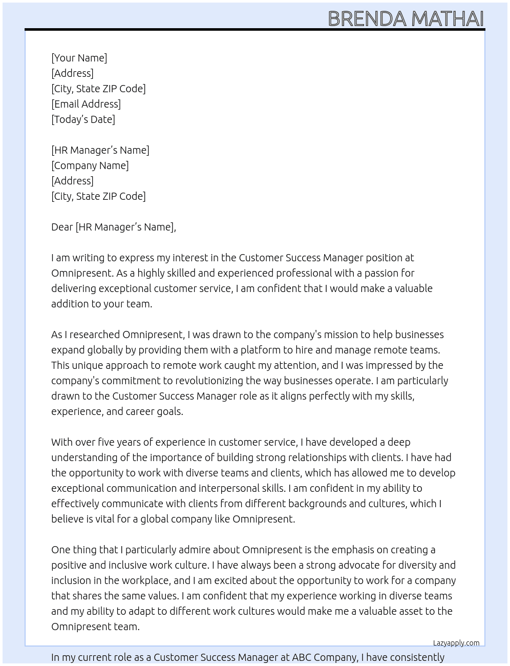 Customer Success Manager  At Omnipresent  Cover Letter