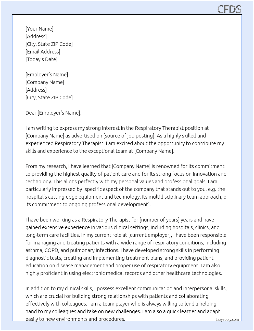 Respiratory Therapist At Hospital Cover Letter