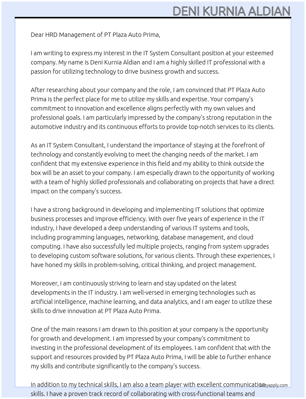 IT System Consultant At PT Plaza Auto Prima Cover Letter