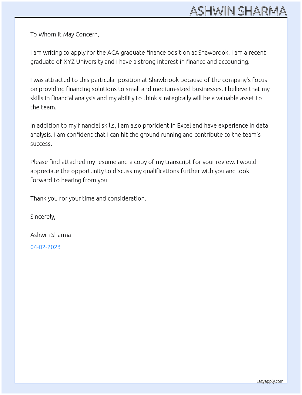 ACA graduate finance At Shawbrook Cover Letter