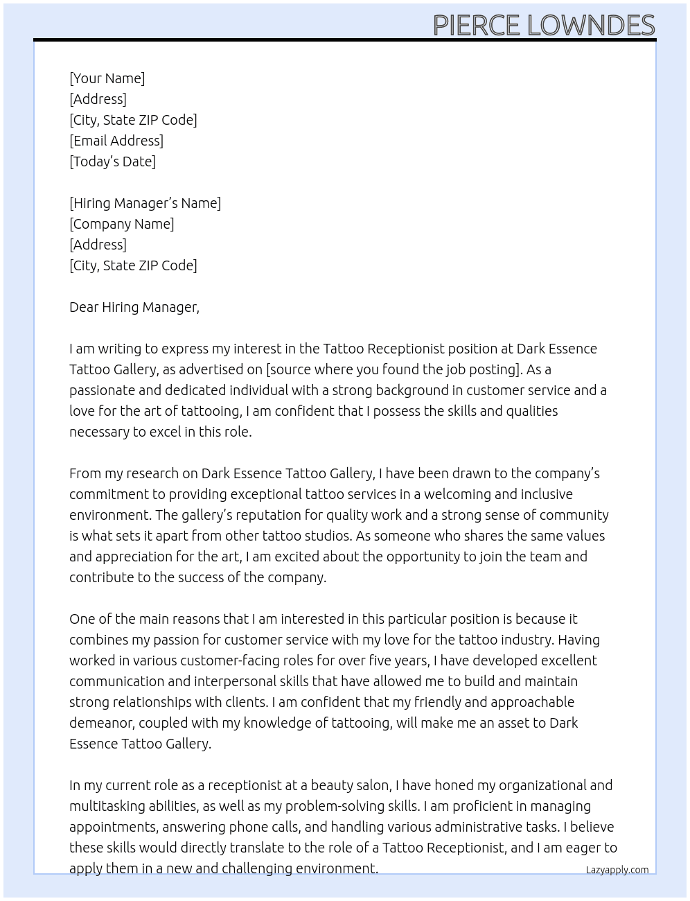 Tattoo receptionist  At Dark essence tattoo gallery Cover Letter
