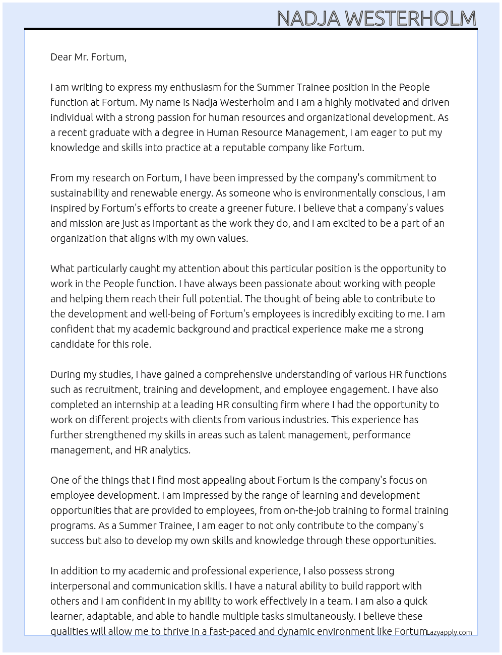 Summer Trainee in the People function At Fortum Cover Letter