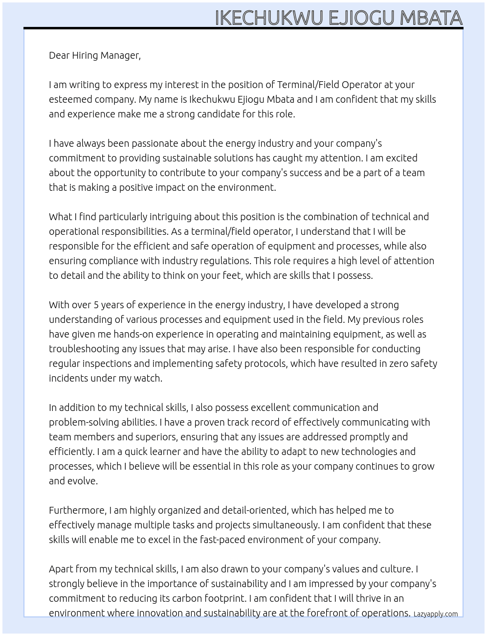 Terminal/field operator At ananymous Cover Letter