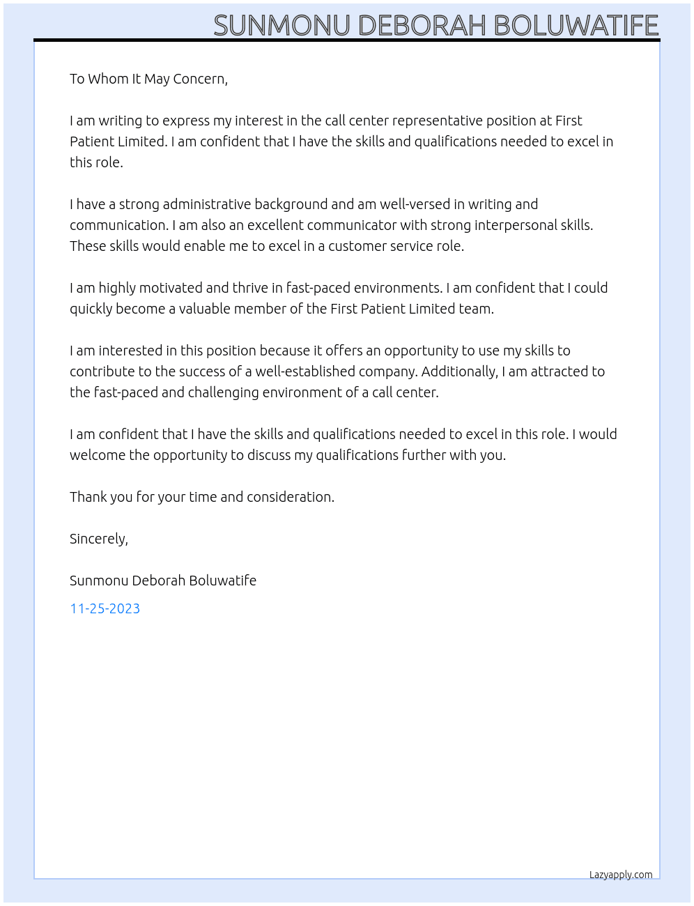Call center representative At First patient Limited Cover Letter