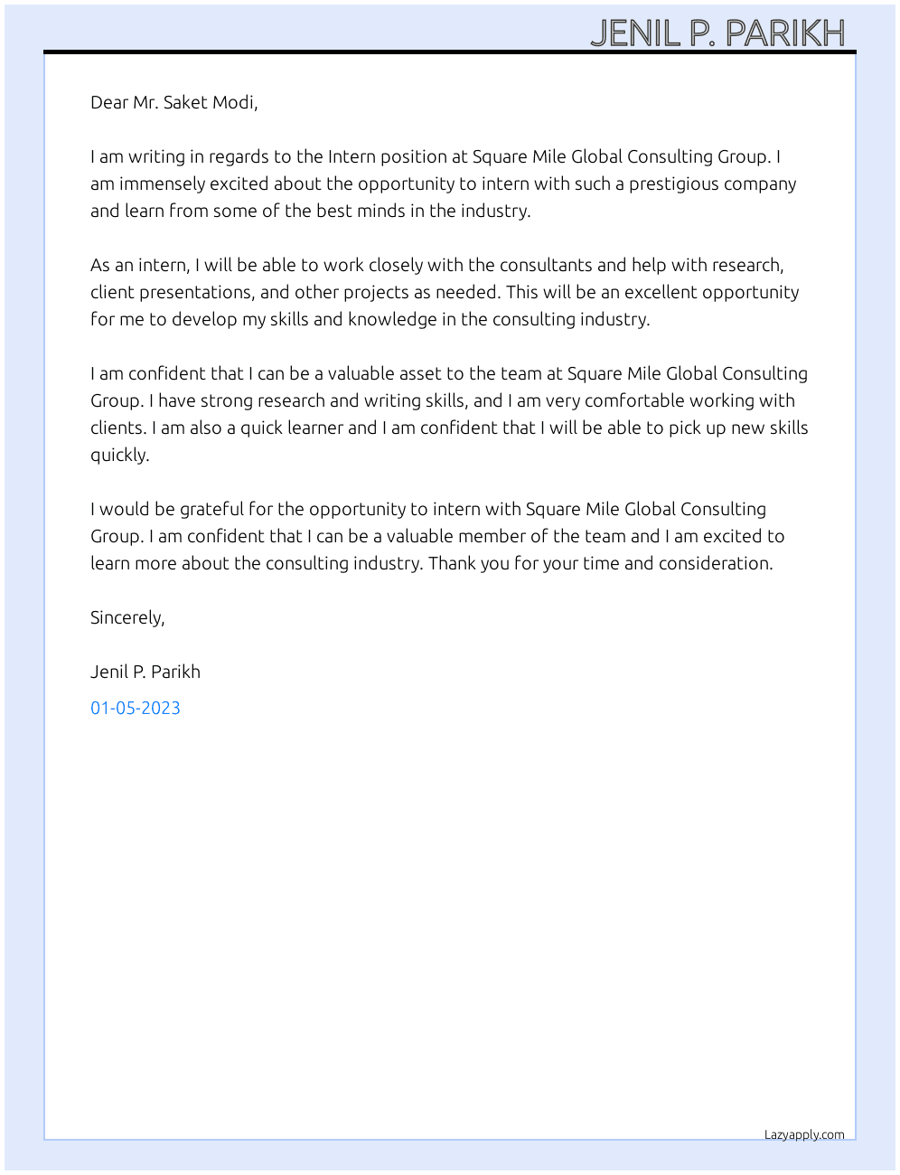Intern  At Square mile global consulting group  Cover Letter
