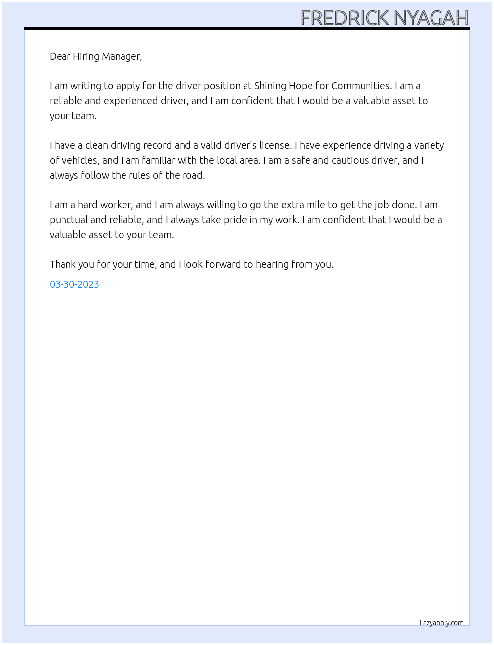 driver At Shining Hope for Communitie Cover Letter