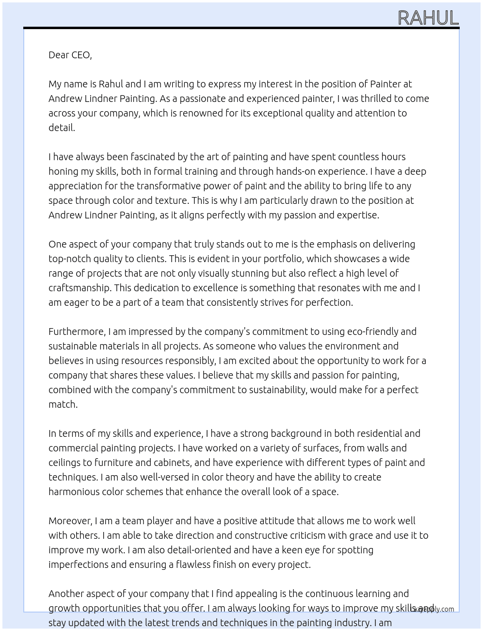 Painter  At Andrew Lindner painting Cover Letter